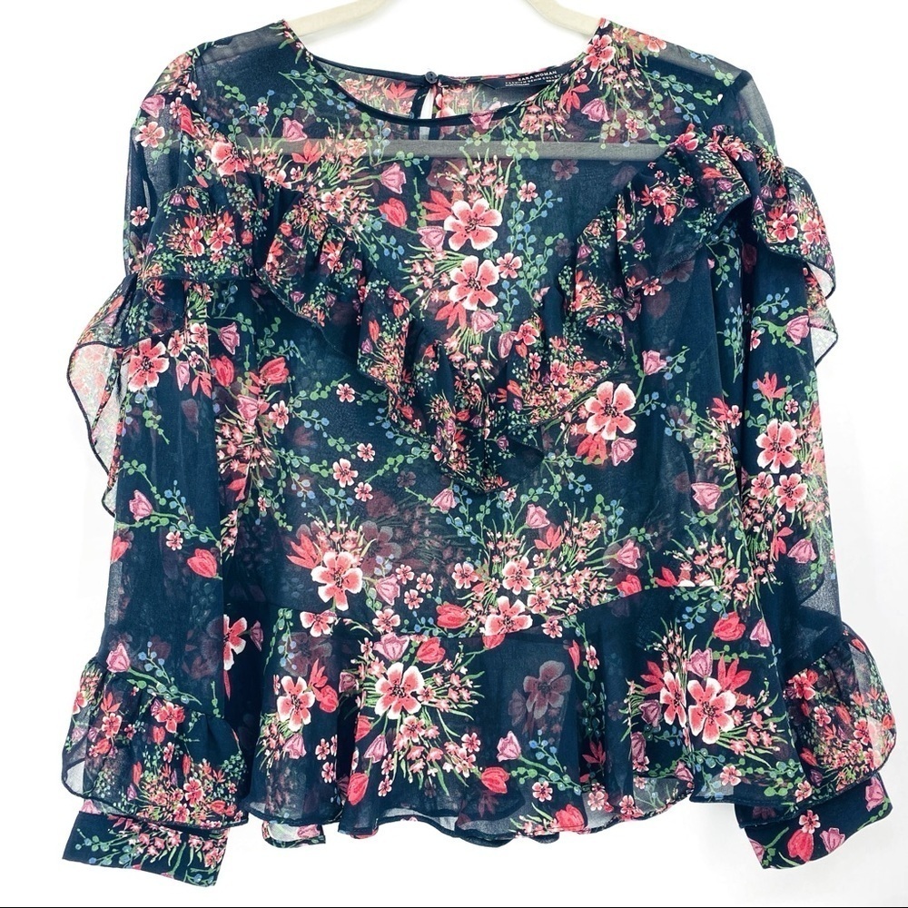Zara Women Sheer Floral Long Sleeve Ruffled Layered Pink Black Cuffed Blouse SzM - Picture 7 of 15